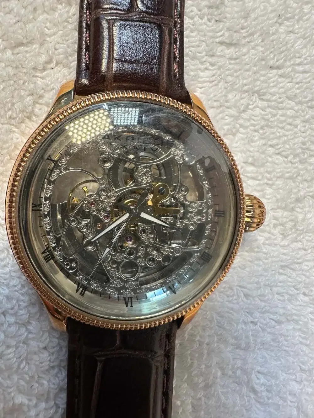 Akribos XXIV AK455RG Rose Gold Skeleton Automatic Leather Men's Watch